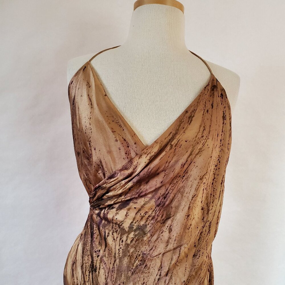Ralph long Silk halter Dress zebra painted stripes beige black gold purple brown